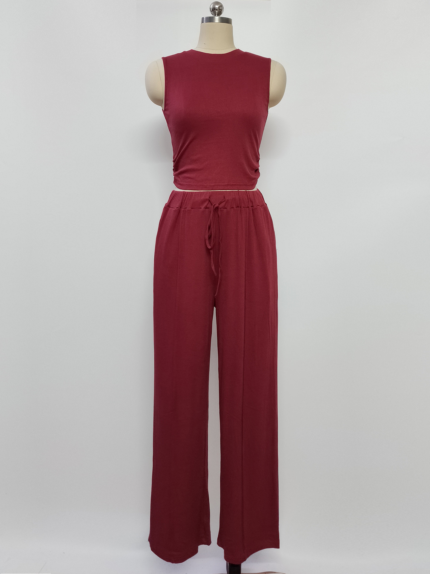Women's Clothing Summer Leisure Suit Sleeveless Round Neck Short Slim Fit Top Wide Leg Pants Two Piece Suit_ecoleips.com