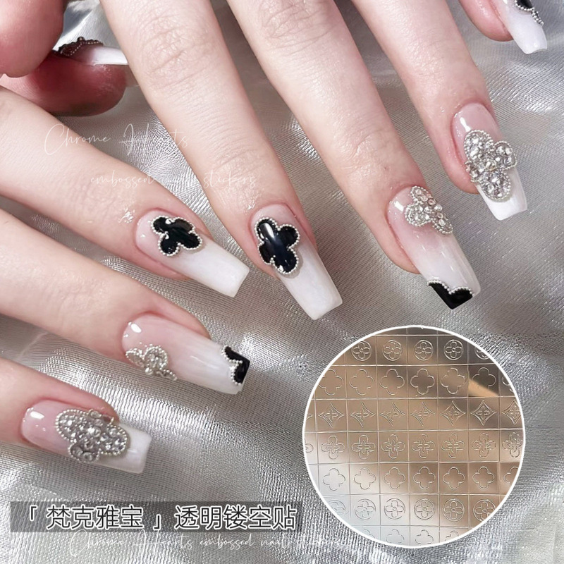 Gemstone Four-Leaf Clover Nail Art Stickers Popular Van Cleef & Arpels Transparent Hollow-Out Adhesive Printed Nail Stickers Gemstone Four-Leaf Clover Nail Art Stickers Popular Van Cleef & Arpels Transparent Hollow-Out Adhesive Printed Nail Stickers