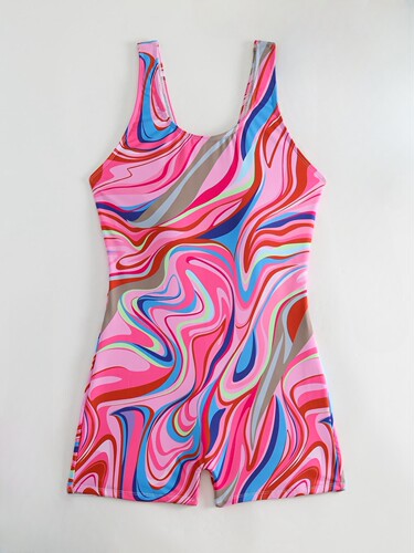 European and American-style new corrugated crewneck one-piece swimsuit for women—sleeveless, modest beach and hot spring swimwear.