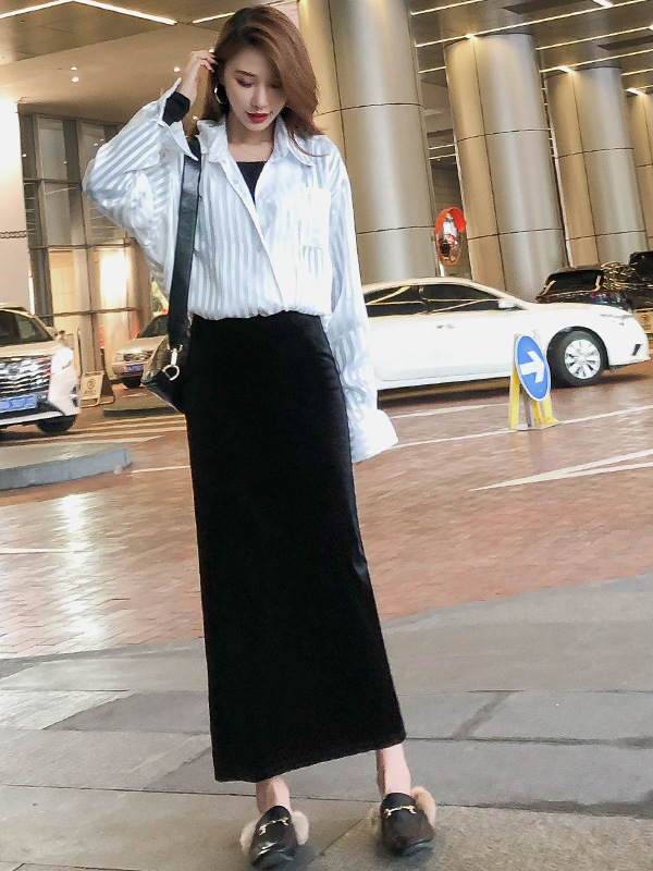 黑色丝绒半身裙女2025秋季新款小个子开叉复古直筒包臀高腰a字裙|undefined