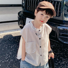 帥氣男童條紋休閒無袖襯衫夏季新款兒童寬鬆薄款時髦男孩背心襯衣