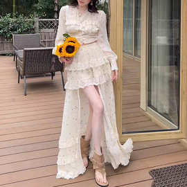 星落荷摆星星印花雪纺上衣荷叶边半裙套装女2026春款新品两件套裙
