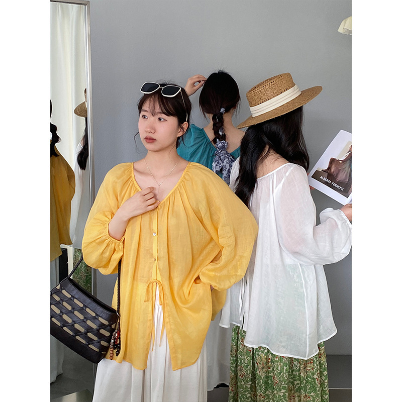 Jiangzuo Breathable Sunscreen 100 Lantern Sleeve Shirt Reversible Blouse Ramie Top Women's Summer Cover-Up 6521