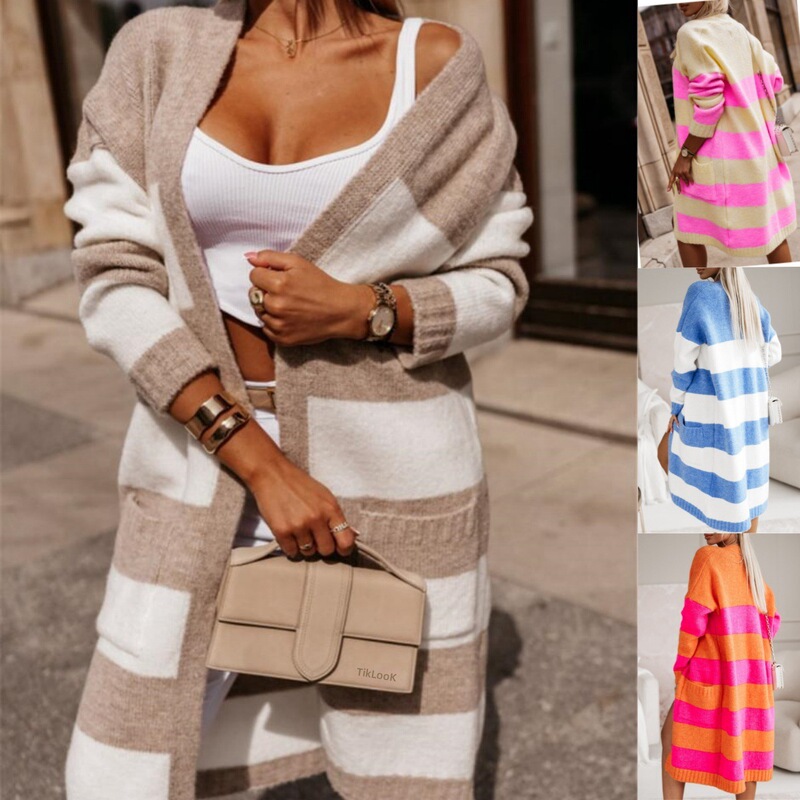 2025 New Amazon Sweater Women's Cardigan Loose Contrast Color Long Cardigan Sweater Cross-Border Sweater