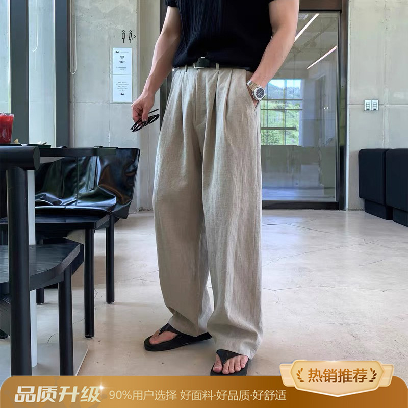 老钱风卡其色亚麻休闲裤男夏季薄款垂感宽松阔腿裤百搭直筒长裤子|undefined