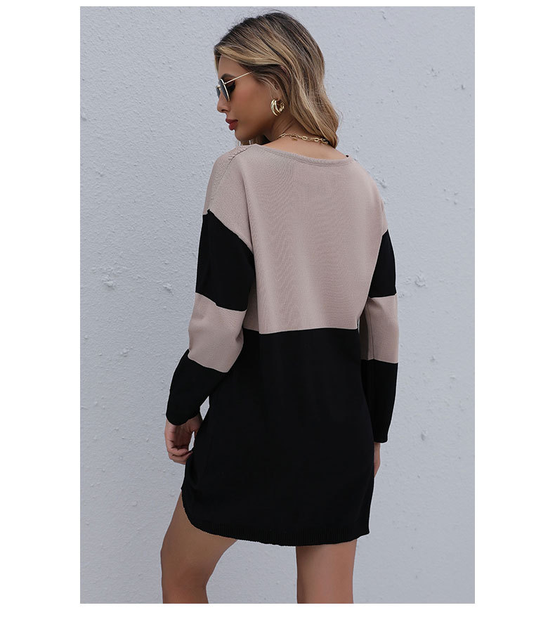 Pullover Round Neck Loose Knit Stitching Sweater Dress NSYYF86349