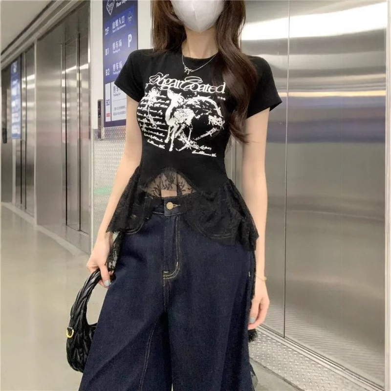 アメリカンホットガールレースステッチ裾半袖Tシャツレディース夏スリムショートスリムプリント不規則トップ|undefined