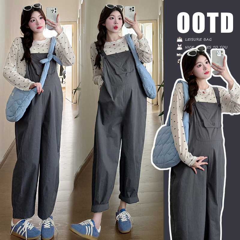 2024 Maternity Clothes Autumn New Korean Style Casual Casual Overalls + Bow Top Set