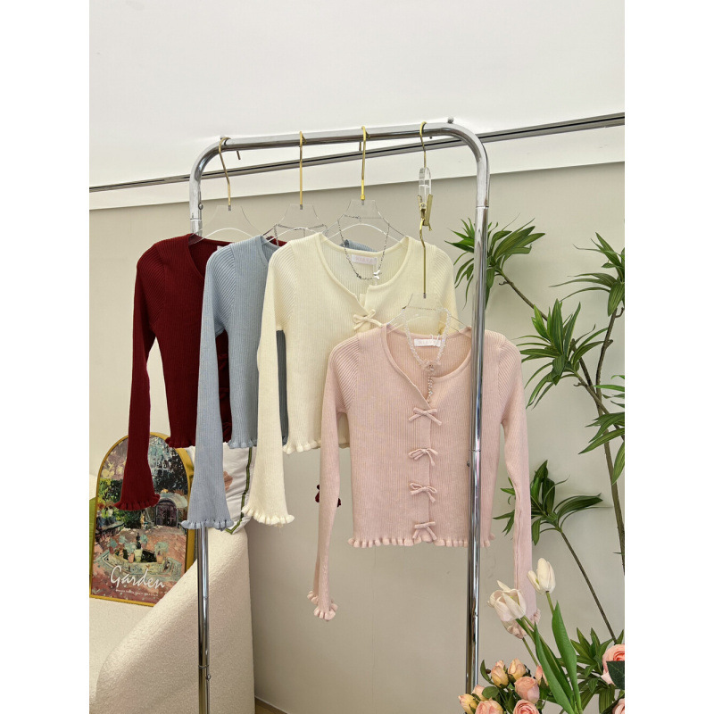 Autumn new pure sweet spicy short wooden ear bow round neck long sleeve sweater top cardigan Autumn new pure sweet spicy short wooden ear bow round neck long sleeve sweater top cardigan