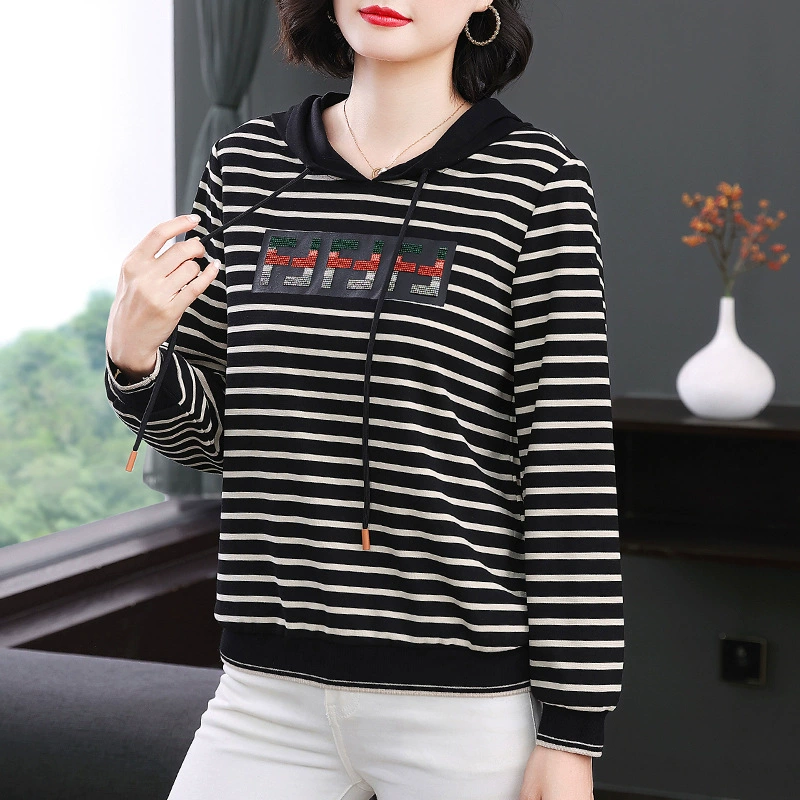 Женские свитера с капюшоном мама средних лет новая корейская версия с капюшоном свободные женские капюшон с длинными рукавами повседневный топ в полоску