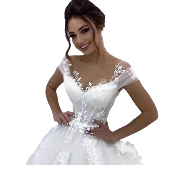 Comercio exterior directo de la fábrica principal boda vestido de novia de las mujeres de gama alta de lujo de encaje fuera del hombro sin espalda vestido de novia grande que se arrastra image 5