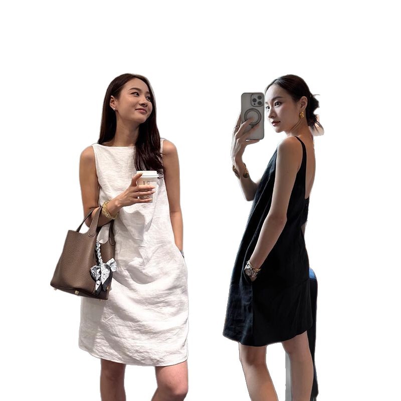 画朴法式白色U领肌理感连衣裙女2025夏季新款简约宽松吊带背心裙|undefined