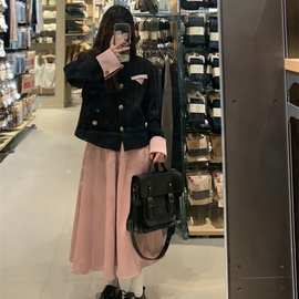 赫本风撞色西装外套半身裙两件套装春秋茶里茶气穿搭连衣裙子