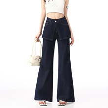 假两件丹宁蓝屁帘牛仔裤女2026年秋季新款高腰设计感阔腿喇叭裤子