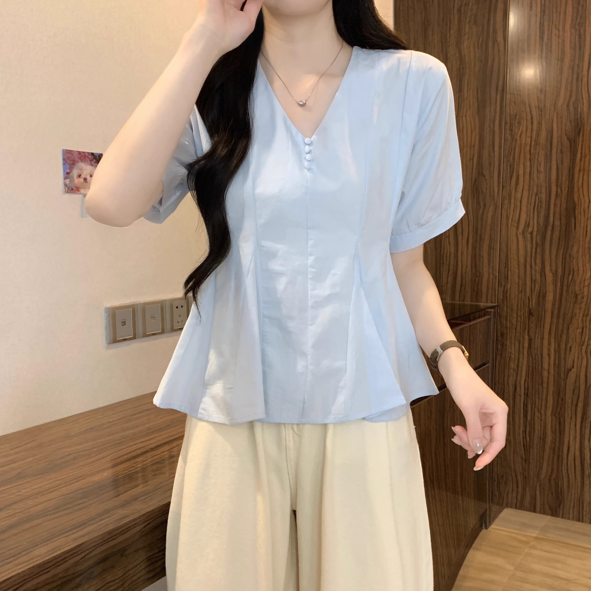 Áo sơ mi nữ cỡ lớn tay ngắn màu xanh lam dáng suông che khuyết điểm — Màu xanh lam chi tiết 9
