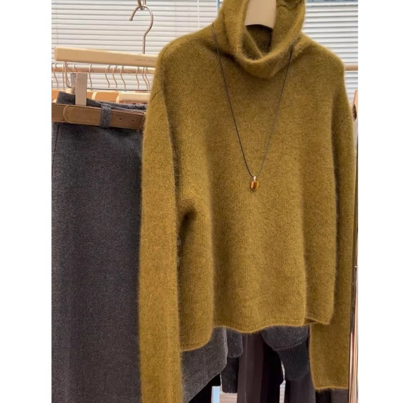 Mustard Yellow Turtleneck Pullover Long-Sleeved Sweater for Women in Autumn and Winter Loose Lazy Style Inner Layering Knitted Top