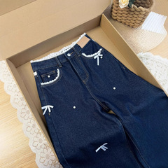 春と秋のデザイン感水洗いブルーレースジーンズ女性重工小衆がゆったりしていて、やせています。