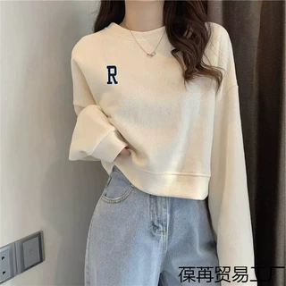 棉质圆领长袖卫衣女春秋宽松高腰小个子设计感套头短款上衣加绒冬