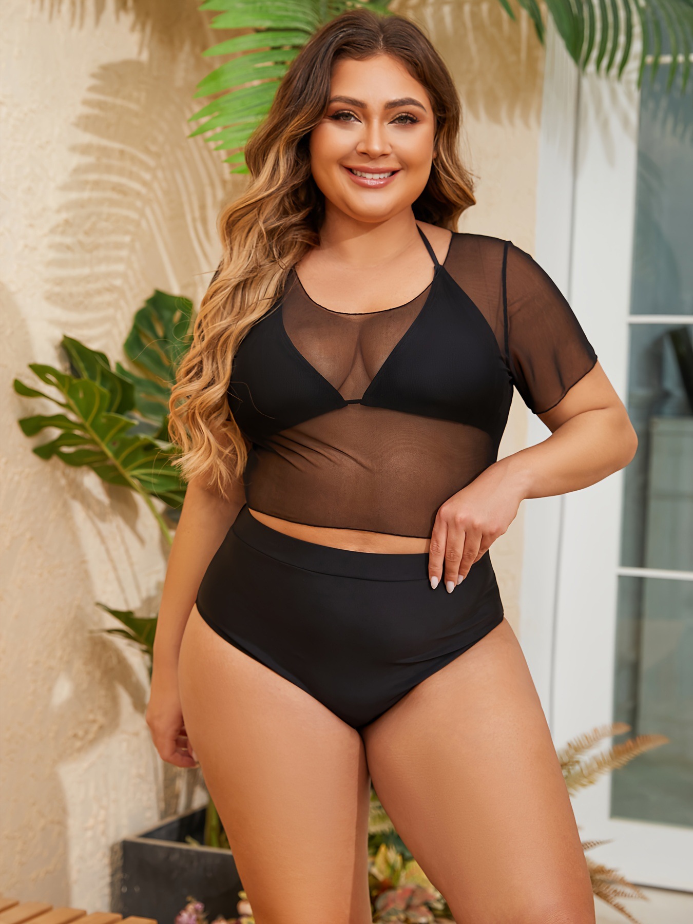 Sexy Black Bikini Set With Mesh And Tie-up Detail Plus-size_voghion.com