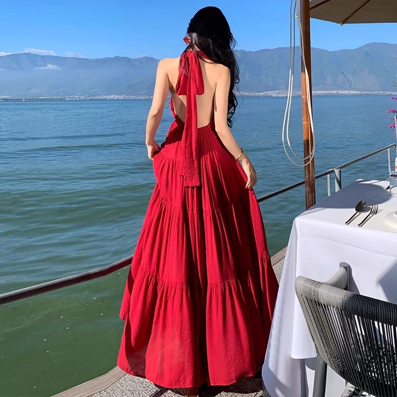 Red Collar, Multiple Ways to Tie, Halterneck Dress, Beautiful Backless Sexy Slit Slimming Dress for Seaside Vacation Red Collar, Multiple Ways to Tie, Halterneck Dress, Beautiful Backless Sexy Slit Slimming Dress for Seaside Vacation