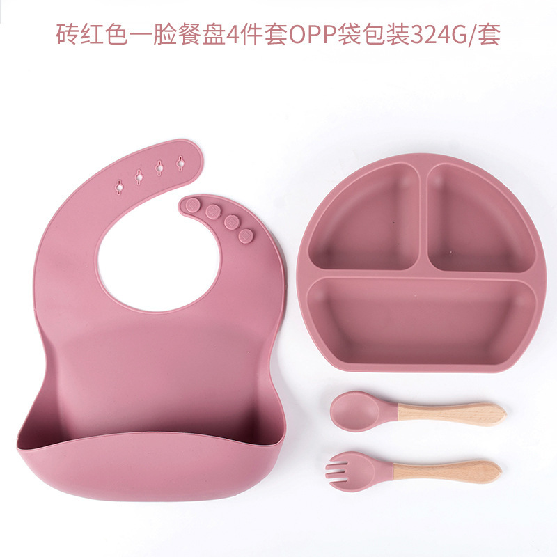 브릭레드 4피스 디너접시세트(턱받이+디너접시+나무손잡이 포크&스푼) DM-228-10