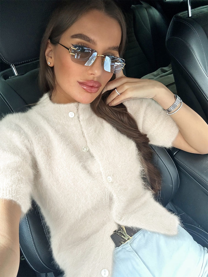 Áo cardigan dệt kim tay ngắn cổ bán cao ôm dáng phong cách retro — Màu hồng, Màu hồng cánh sen, Màu trắng, Màu tím chi tiết 33