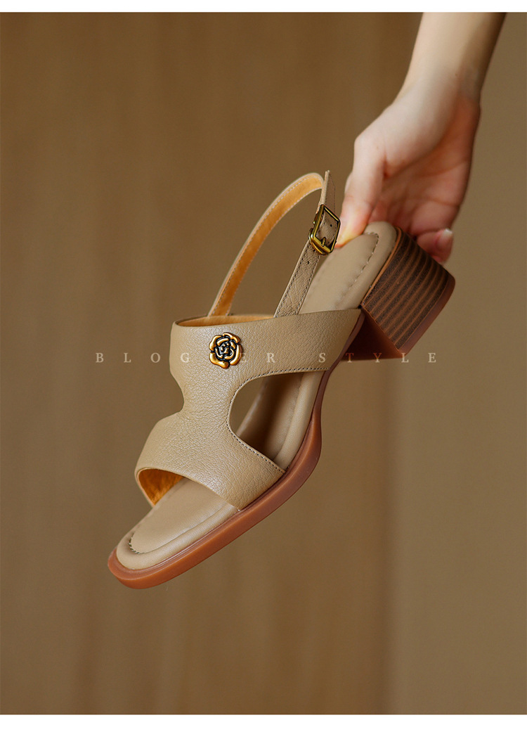 Sandal hở ngón da cừu gót thô đầu vuông quai ngang kiểu La Mã — Màu trắng be chi tiết 7