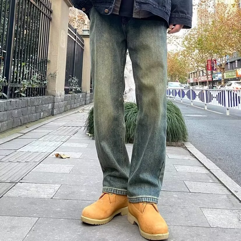 Men's jeans, yellow mud-dyed, thin, straight-leg, trendy American high-street casual trousers.