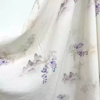 国风山水紫藤花印花苎麻面料人棉印花现货复古混织
