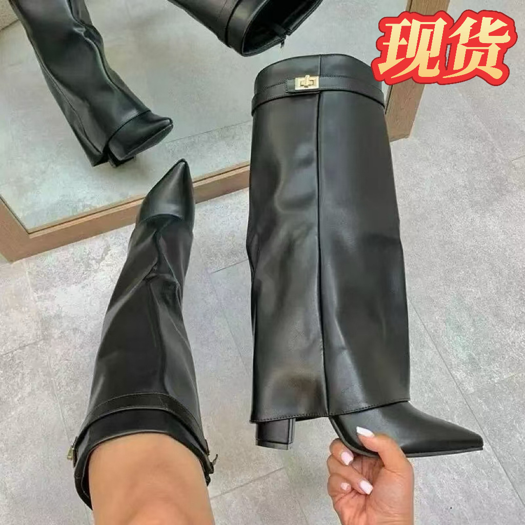 Cross-Border Foreign Trade Women's Boots with Pointed Toe, Large Calf Circumference, Straight Metal Buckle, Mid-Length Boots, Large Size, Chunky Heel, Trouser-Style Boots for Women Cross-Border Foreign Trade Women's Boots with Pointed Toe, Large Calf Circumference, Straight Metal Buckle, Mid-Length Boots, Large Size, Chunky Heel, Trouser-Style Boots for Women