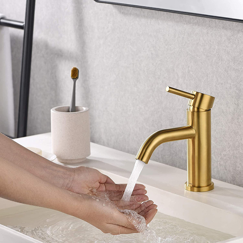 Nuevo oro cepillado grifo de acero inoxidable simple luz baño de lujo cuenca cepillado caliente y fría Mesa sola manija solo agujero cuenca