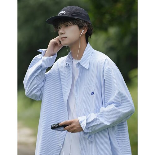 Japanese casual city boy workwear long sleeve shirt men spring and autumn new fashion loose striped top coat men
