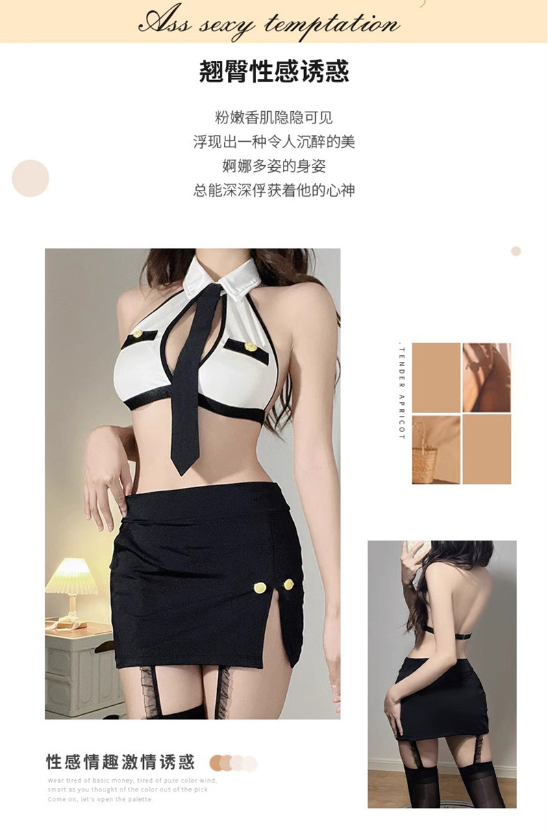 Flight Attendant Roleplay Costume Set with Top, Tie, Skirt, Thong and Open-Crotch Stockings — detail image 3