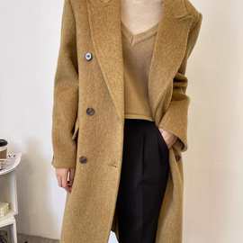 双面羊绒大衣女中长款2023年新款正肩长毛生态绒冬日黄羊毛呢外套
