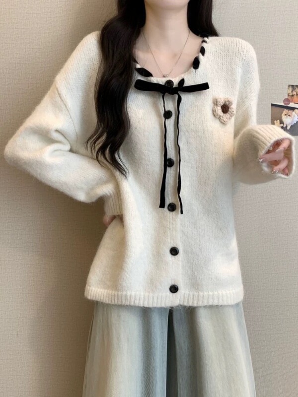 2025秋冬新款系带蝴蝶结毛衣外套女宽松软糯甜美立体花朵针织开衫|undefined