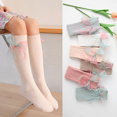 2022秋季新款 漸變色蝴蝶結豎條兒童中筒襪 糖果色女童直筒小腿襪