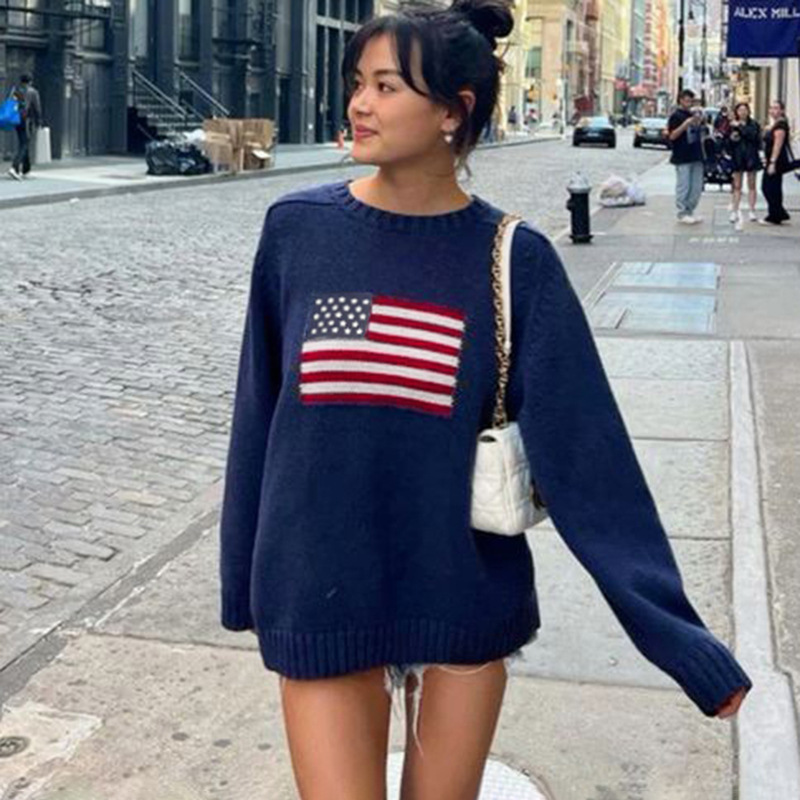 欧美风跨境2024秋冬爆款气质英伦风国旗针织衫女休闲百搭长袖毛衣