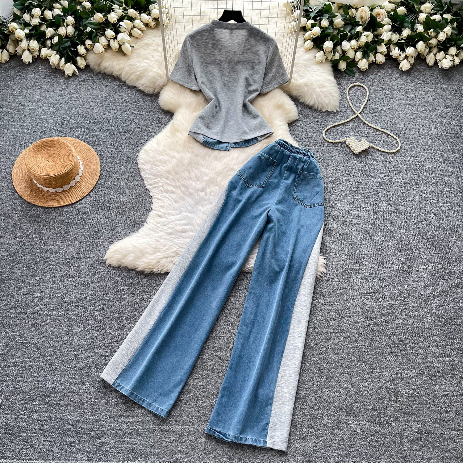 Retro Patchwork Denim Set for Women Short Sleeved Hong Kong Style Summer Casual Straight Leg Pants Two Piece Slimming Outfit_ecoleips.com