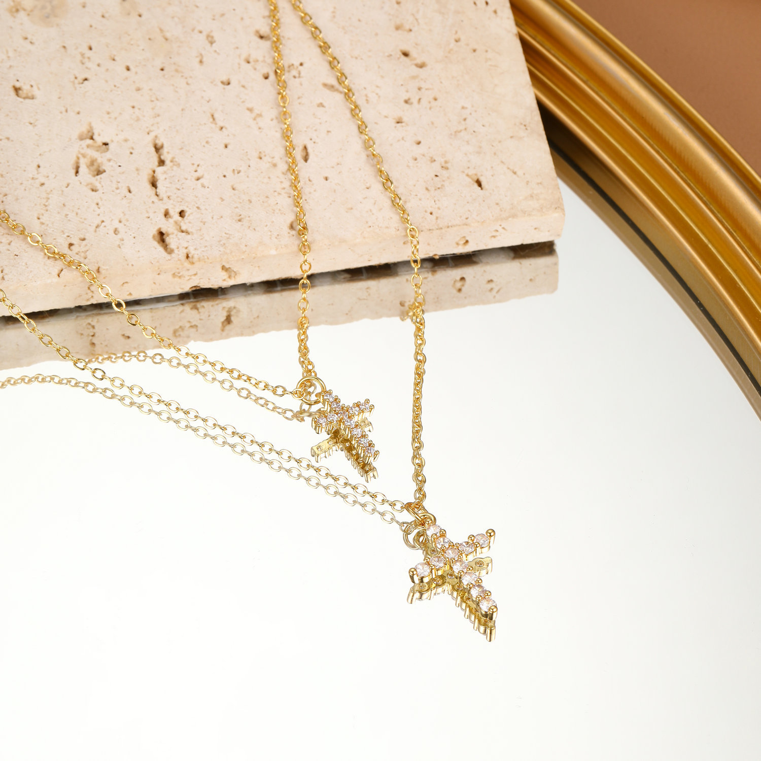 Double Layer Cross Pendant Necklace Gold Plated Clavicle Chain_voghion.com
