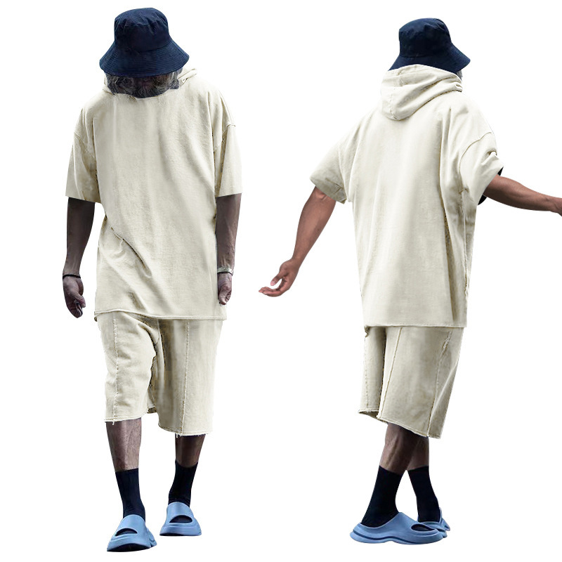 2024 Men's Short Sleeve Shorts Oversize Fur Loose Sports Casual Hooded Set_mkmklike.com
