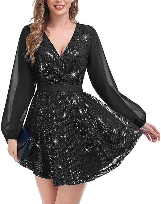 Transfronterizo nuevo europeo y americano de las mujeres lentejuelas vestido suelto de fiesta de manga larga casual suelta mini Vestido corto