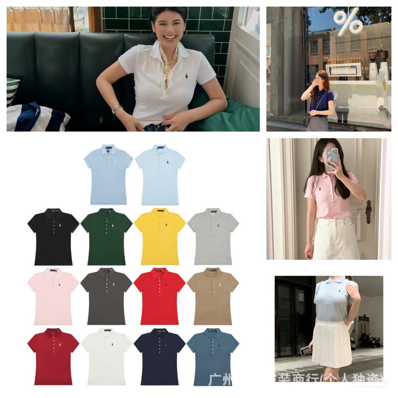 25 New Rl Laff Classic Pony Embroidered Lapel Women's Simple Five-Button Slim Fit Polo Short Sleeves 25 New Rl Laff Classic Pony Embroidered Lapel Women's Simple Five-Button Slim Fit Polo Short Sleeves