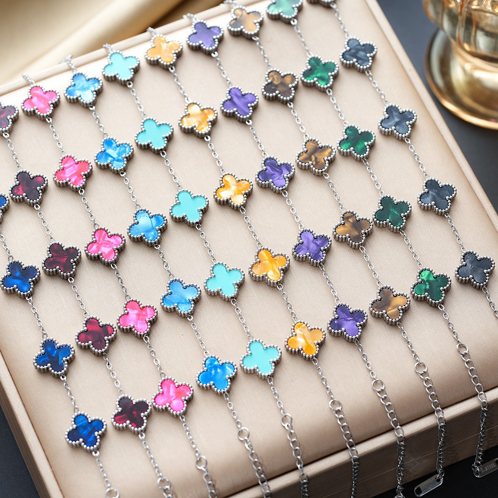 European and American Amazon Best-Selling Colorful Lucky Four-Leaf Clover Double-Sided Bracelet Titanium Steel Non-Fading Versatile Jewelry Wholesale