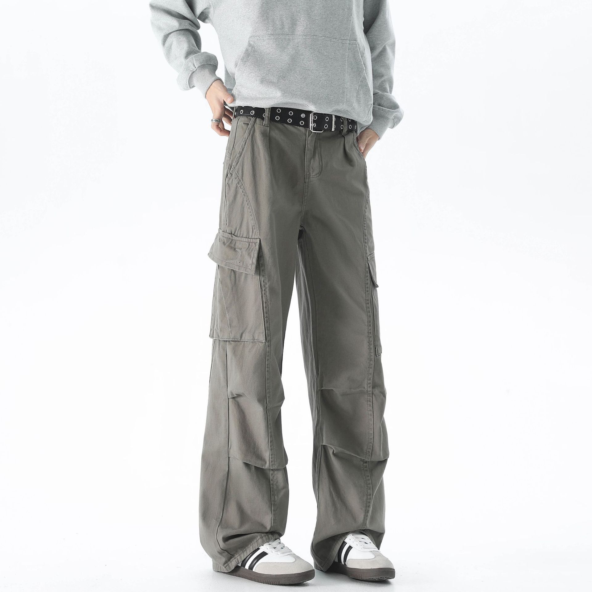 LKTM Men's# American Retro Multi-Pocket Deconstruction Split Pleated Crowdline Pants Men's Loose Straight Casual Long Pants