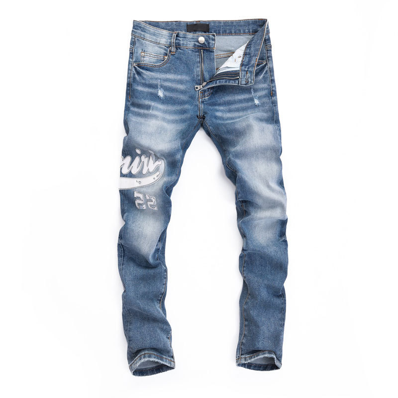 High street fashion fashion brand men's jeans blue vintage skinny leather stitching trend hip hop men's jeans High street fashion fashion brand men's jeans blue vintage skinny leather stitching trend hip hop men's jeans