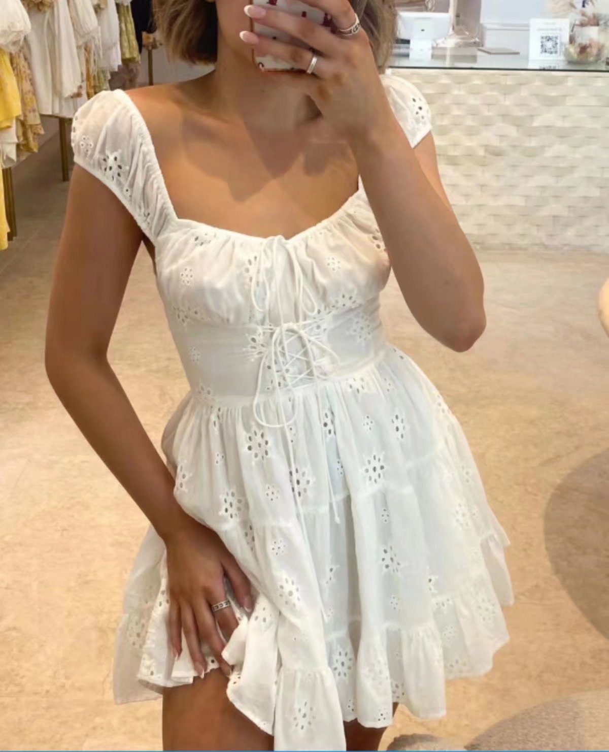 lace-up short-sleeved hollow low-cut solid color dress NSAM126760