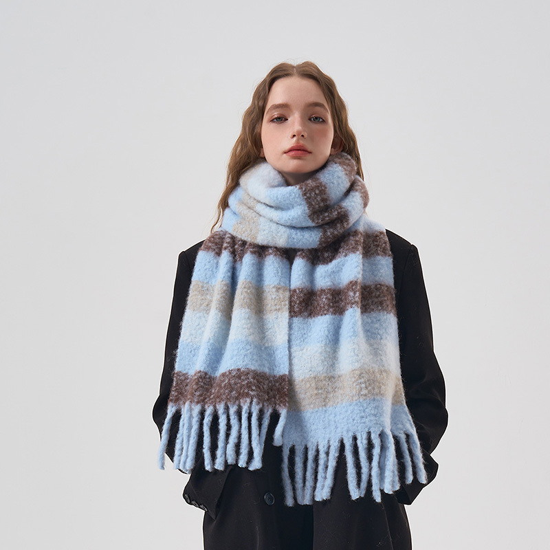 Korean version minimalist contrasting striped wool blend scarf for winter soft and sticky warmth, student cold_voghion.com