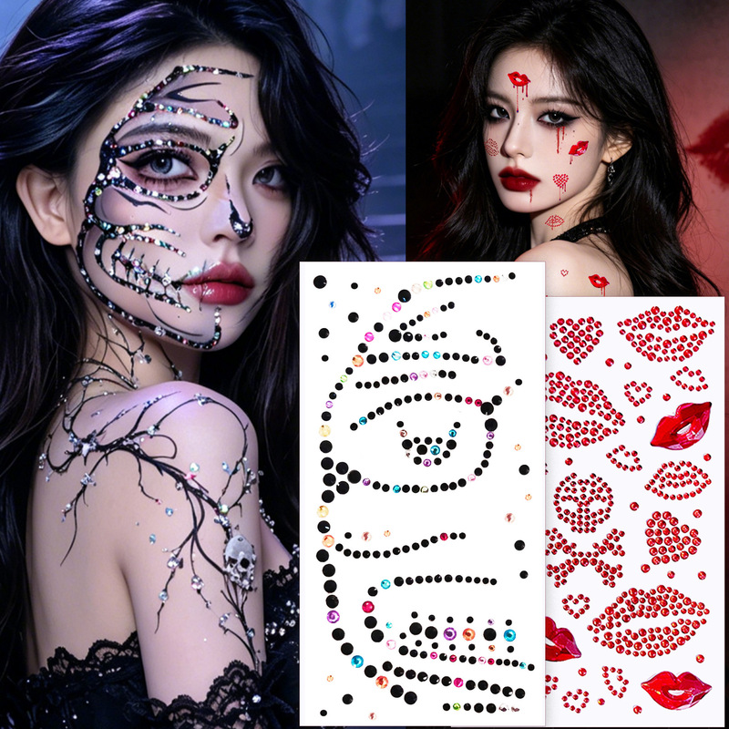 Halloween Half-Face Skeleton Face Stickers with Rhinestones in Red and Black, Cos Blood and Tears Witch Glitter Stickers, Horror Realistic Fake Blood