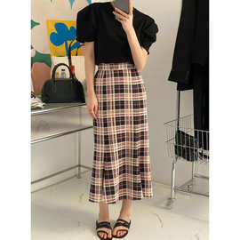 现 2025夏季新款韩国东大门修身减龄格纹元素鱼尾高腰半身裙长裙