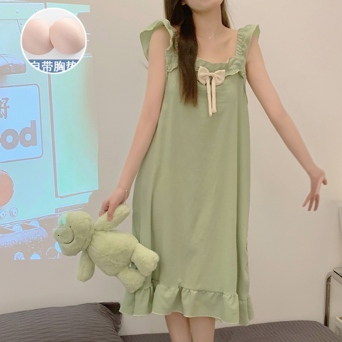 2023 camisón de verano de las mujeres delgadas dulces con volantes burbuja de algodón vestido MIDI con almohadilla en el pecho vestido de casa al por mayor